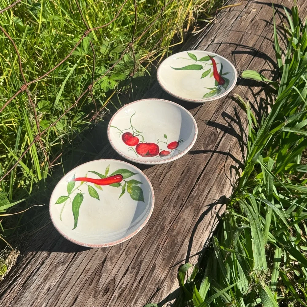 3 CRATE BARREL Red Chili Pepper Tomato Pottery Salsa Appetizer Bowl Portugal 6”